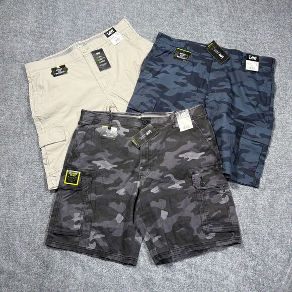 Lee Cargo Shorts Mens 38 Camo Khaki Gray Blue Active Stretch Motion Flex - Picture 1 of 16